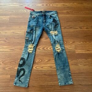 NWT Reason Painted Snake Head Slim Fit Jeans Size: 34 Distressed‎ Patch Cargo